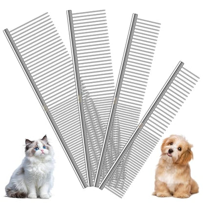 WRW Stainless Steel Dog Combs [4 Pcs], Groom Like a Professional, Coarse Pet Butter Comb for Dog ＆ Cat, Rounded Corners Prevent Friction and Breakage, 4 Sizes of Steel Teeth Fit Most Pet Fur