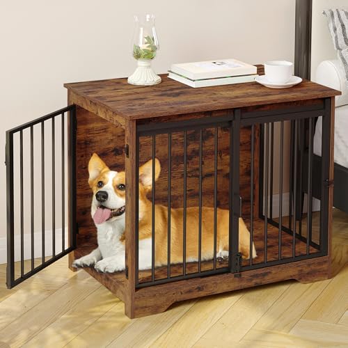 Hzuaneri 31.9" Dog Crate Furniture with Barn Door, Heavy Duty Dog Kennel Indoor with 2 Doors, Wooden Pet Cage End Table for Small Medium Dogs up to 44 lb, Anti-Chew Anti-Escape, Rustic Brown DFC83601B - color: Rustic Brown, size: 31.9"L x 21.7"W x 26.6"H