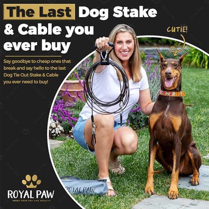 ROYAL PAW Dog Tie Out Cable and Stake 20ft - for Large Dogs up to 300 lbs - Heavy Duty Tether and Dog Stake for Yard, Beach & Camping Outside (Black, L/XL - 20ft) - size: L/XL - 20ft