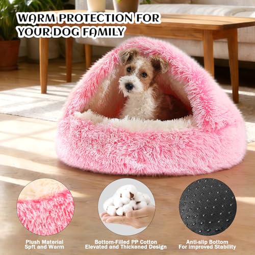 NOYAL Round Hooded Donut Dog Bed for Small & Medium Pets - Plush Fluffy Anti-Anxiety Cat Cave Bed with Cover - color: Gradient Pink, size: Small 19.6''