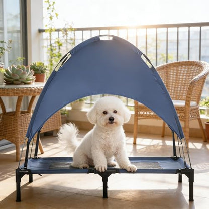 36" Ventilated Mesh Sofa Bed, Comfy Lounge Sofa with Shade Canopy, Fluffy Upholstered Dog Couch with Raised Frame for Outdoor Pet Leisure, Black,Dark Blue - color: Black,dark Blue