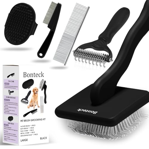 Bonteck Dog Slicker Brush for Dogs Grooming Kit 5PCS | Large Dog Brush for Goldendoodles Poodles Doodles | Long Pin Haired Brush | Poodle Brushes and Comb (Black) - color: Black