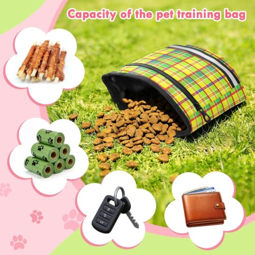 Plaid Water-Resistant Dog Treat Pouch, 3 Ways to Wear Treat Bag with Magnetic Closure & Reflective Strip, Hands-Free for Pet Training, Walking