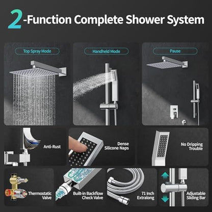 SR SUN RISE 10 Inch Square Shower Faucet, Adjustable 16-Inch Slide Bar Hand Held Shower with Hose, Square Rain Shower Head and Handheld Spray Included Valve and Shower Trim Kit, Polished Chrome - color: Polished Chrome, style: 10"