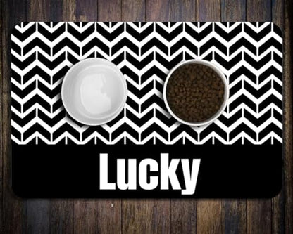 Personalized Dog & Cat Food Mat with Name Waterproof PU Pet Bowl Mat Non-Slip Rubber Bottom Easy Clean 3 Sizes (24"×16", 30"×20", 36"×24") Black Paw Prints (Fish Bone) - color: Wave