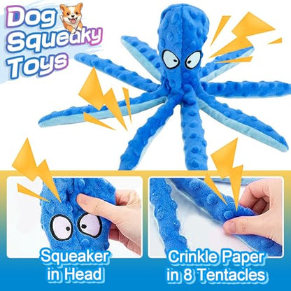 Alphatool Squeaky Dog Toys - 3pcs No Stuffing Octopus Soft Plush Crinkle Toys to Keep Them Busy, Interactive Essentials for Small Medium Pets Dogs Gifts, Blue/Purple/Orange - color: Blue&Purple&Orange