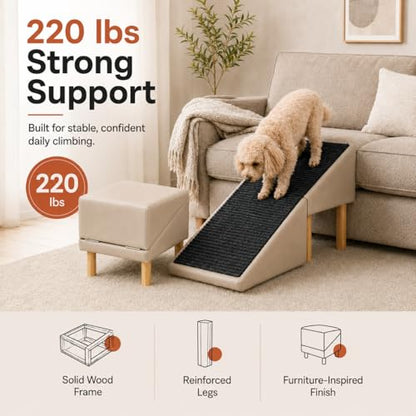 Dog Ramp for Bed and Couch, 2-in-1 Pet Ramp Ottoman, 16" High | Low-angle 23° incline with non-slip washable surface helps protect joints for small dogs, puppies and senior pets