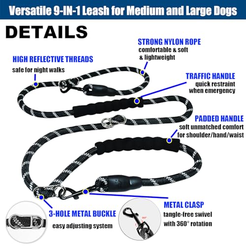 Hands Free Dog Leash Crossbody & Waist for Dog Walking, 9-in-1 No Pull Heavy Duty Leash with 2 Padded Handles, Reflective & Tangle-Free for Large & Medium Dogs (1/2" x 8.5 ft, Black) - size: 8.5 Ft(no slip lead & bungee)