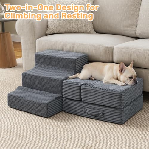 Dog Stairs for Small Dogs, 13.5" H Foldable Dog Steps for High Bed | 2 in 1 Pet Stairs Get on Couch, Transformable Cats Stairs, Non-Slip Balanced, Grey - size: 15.7 X 18 X 13.5 In