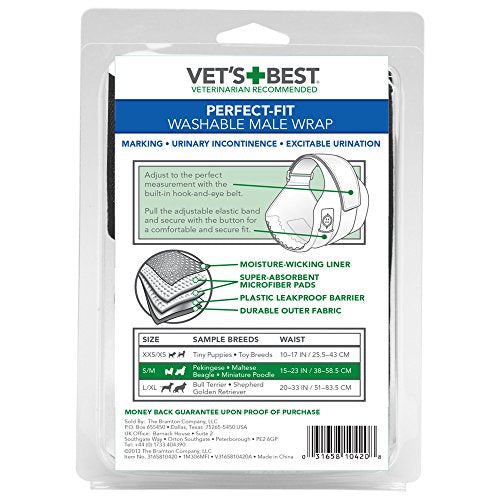 Vet's Best Washable Male Dog Diapers | Absorbent Male Wraps with Leak Protection | Excitable Urination, Incontinence, or Male Marking | Small/Medium | 1 Reusable Dog Diaper Per Pack - size: S/M