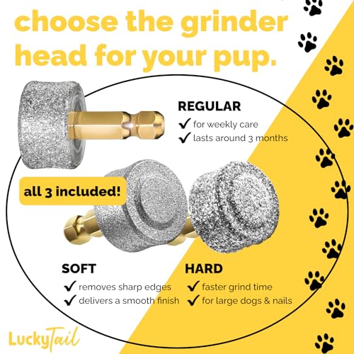 LUCKY TAIL - Dog Nail Grinder - Regular, Hard & Soft Replacement Head - Small & Large Dogs - Premium Quality - Diamond Tip Drill Bit - Professional Dog Nail Trimmers - Grooming Kit - 3 Pack - size: Three Pack