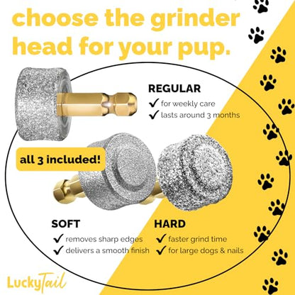 LUCKY TAIL - Dog Nail Grinder - Regular, Hard & Soft Replacement Head - Small & Large Dogs - Premium Quality - Diamond Tip Drill Bit - Professional Dog Nail Trimmers - Grooming Kit - 3 Pack - size: Three Pack