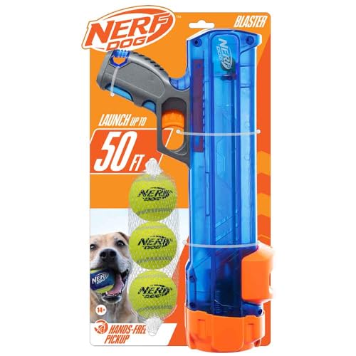 Nerf Dog Tennis Ball Blaster Dog Toy Gift Set, Tennis Ball Dog Fetch Toy Launches up to 50 ft, Dog Ball Thrower for All Breeds Includes Translucent Blue Tennis Ball Launcher and 3 Dog Tennis Balls - size: 4 Piece Set