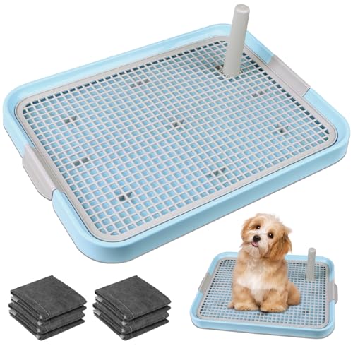 CUHIOY Dog Potty Tray Toilet 20"x14" - Indoor Pee Pad Holder with 8pcs Training Pads, Puppy Mesh Potty with Secure Latch for Small Medium Puppies - Blue - color: Blue