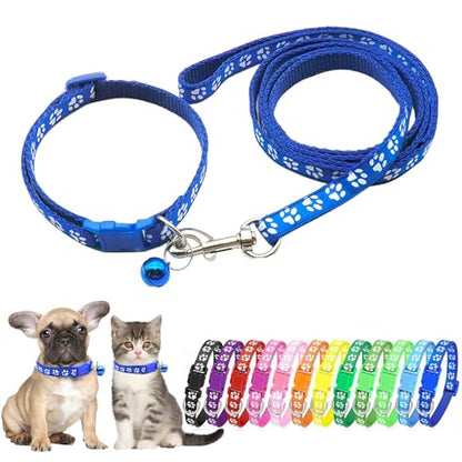 Blue XXS Dog Collar with Bell, Puppy Collar and Leash Set Pawprint Extra Small Dog Collar with Bell Adjustable Kitten Collar with Bells for Tiny Little XXS XS Small Breed Pets Dogs Girls Boys - color: Blue