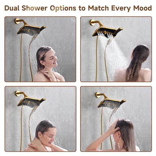 BRIGHT SHOWERS Dual Shower Head with Handheld, High Pressure Rainfall Shower Head Combo, 60-Inch Stainless Steel Hose, Brushed Gold - color: Brushed Gold, size: 2.5 Gallon Per Minute