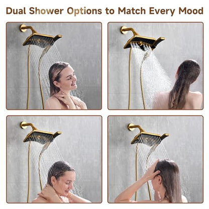 BRIGHT SHOWERS Dual Shower Head with Handheld, High Pressure Rainfall Shower Head Combo, 60-Inch Stainless Steel Hose, Brushed Gold - color: Brushed Gold, size: 2.5 Gallon Per Minute