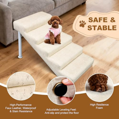 Adjustable Dog Stairs & Ramp for Cats and Dogs, 5-Step Pet Stairs for High Beds and Couch, 18.5"–23.6" Height, Linen Faux Leather, Waterproof, Scratch-Resistant, Non-Slip Indoor Pet Ramp
