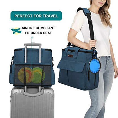 Modoker Dog Travel Bag, Weekend Pet Travel Set for Dog and Cat, Airline Approved Tote Organizer with Multi-Function Pockets, 2 Food Storage Containers, 2 Collapsible Bowls, 1 Feeding Mat (Blue) - color: Blue