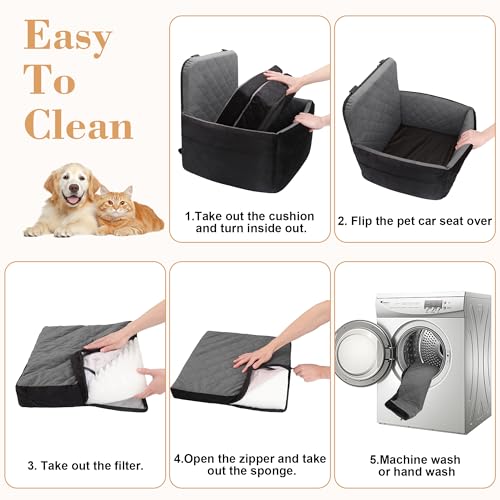Dog Car Seat for Small/Medium Dogs,Pet Dog Booster Car Seat Puppy 15-35 lbs with Soft 4+2in Detachable Pads Detachable Elevated Cushion and Washable Cover Safety Belt Storage Pockets Easy to Install - color: grey+black