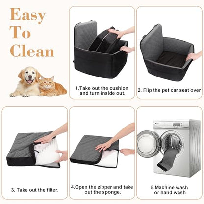 Dog Car Seat for Small/Medium Dogs,Pet Dog Booster Car Seat Puppy 15-35 lbs with Soft 4+2in Detachable Pads Detachable Elevated Cushion and Washable Cover Safety Belt Storage Pockets Easy to Install - color: grey+black