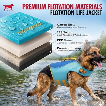 Tuff Pupper Dog Life Jacket | High Buoyancy Dog Swim Vest with Rescue Handle | Adjustable Secure Fit | Reflective Safety Trim | Pet Flotation Jacket for Swimming Boating Kayaking (Blue/Yellow, M) - size: Medium