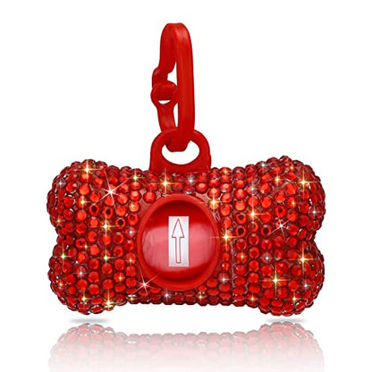 SAVORI Dog Poop Bag Holder Bling Crystal Dog Waste Bags Dispenser for Pet Dog Doggy with Carabiner Clip Includes 1 Roll 15 Bags (Red) - color: Red