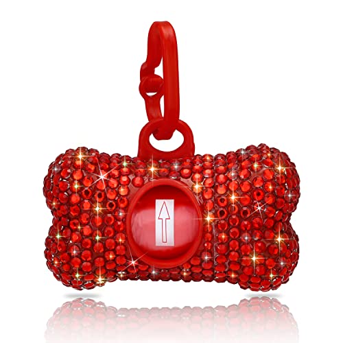 SAVORI Dog Poop Bag Holder Bling Crystal Dog Waste Bags Dispenser for Pet Dog Doggy with Carabiner Clip Includes 1 Roll 15 Bags (Red) - color: Red
