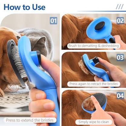 Self Cleaning Slicker Brush for Dogs & Cats, Deshedding Tool with Ergonomic Non-Slip Handle, One Button Hair Removal, Blue