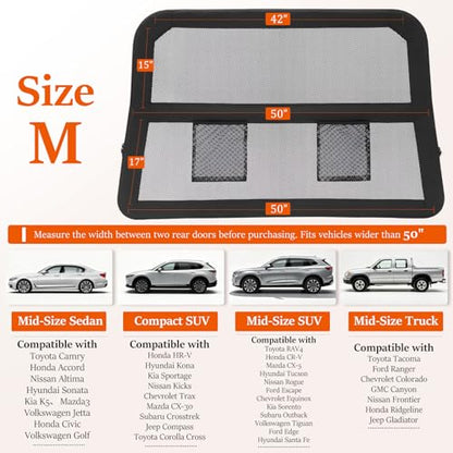 Heavy Duty Dog Car Barrier with Sturdy Metal Frame, Wider Coverage Pet Divider Net for Back Seat & Cargo Area, Universal Fit for Cars SUVs Trucks, Claw-Proof Transparent Mesh for Cool Airflow - size: Medium
