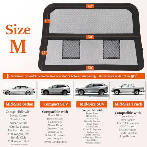 Heavy Duty Dog Car Barrier with Sturdy Metal Frame, Wider Coverage Pet Divider Net for Back Seat & Cargo Area, Universal Fit for Cars SUVs Trucks, Claw-Proof Transparent Mesh for Cool Airflow - size: Medium