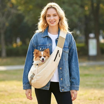 Dog Carrier Sling for Small Dogs/Cats Up to 15 lbs - Multi-Pocket Oxford Pet Sling Carrier Bag with Adjustable Strap (Beige) - color: Beige