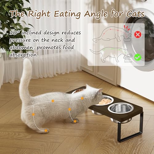 Elevated Cat Bowls with 3 Stainless Steel Bowls | 10° Tilted Anti-Vomiting Raised Cat Food Bowl for Small Cats and Puppies Pet Bowl with Stand（Walnut Color） - color: Walnut color