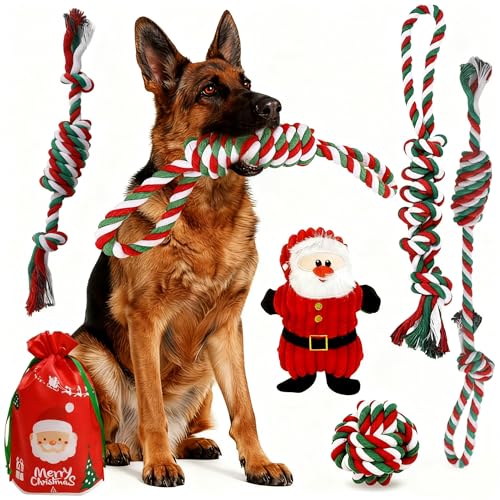Christmas Dog Toy Set for Medium & Large Dogs - 7pcs Festive Chew Toys (5 Cotton Rope, 1 Squeaky Santa Plush, 1 Gift Bag) | Safe Durable Teeth Cleaning Holiday Dog Gifts for Heavy Chewers - color: Christmas