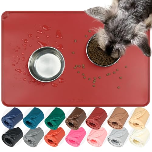 VIVAGLORY Pet Food Mat Flexmat Dog Bowl Mat, S, Burgundy | Non Slip Silicone for Pet Kitten & Doggy, Placemat with Lip for Floor - color: Burgundy, size: S (18.9 x 11.8in)