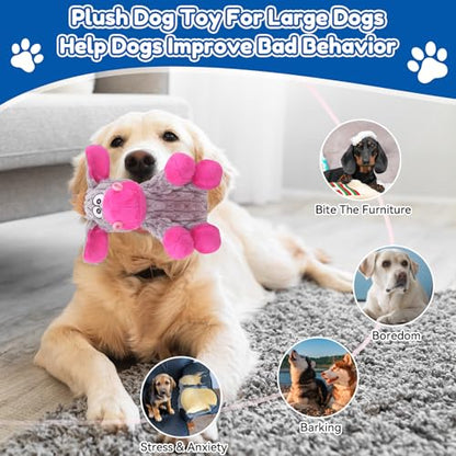 loncoldy Plush Chew Toys for Large Dogs, Tough Crinkle Stuffed Animal Squeaky Interactive Toys for Small Medium Large Dogs, Keep Them Busy, Big Pet Toys - color: gray & pink