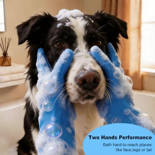 2PCS Dog Washing Gloves and Dog Bath Brush, Pet Shower Mitt with 3000 Soft Rubber Bristles, Adjustable Handle Scrubber for Bath, Massage and Grooming - color: Blue