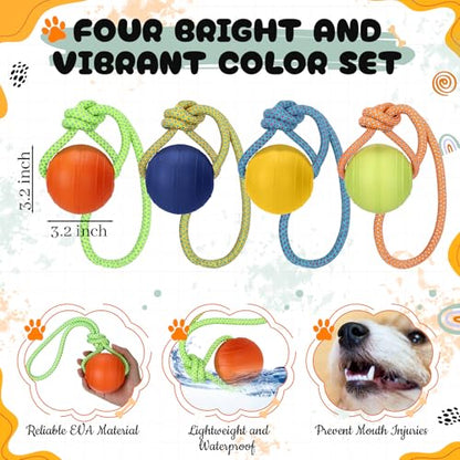 Skylety 4 Pack Floating Dog Toy with Rope Handle EVA Dog Bumper Throw Stick for Water Training Fetch Retrieving High Visibility Pool Water Toy for Beach Diving Pool Yard Summer Outdoor Play, Ball - style: Ball