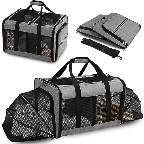 Portable 2-in-1 Pet Carrier,Double Compartment Cat & Dog Carrier for 2 Cats,Expandable Medium Dogs Large Cat Carrier with Sturdy Base,Breathable,Good for Traveling Walking Camping（Grey） - color: Grey