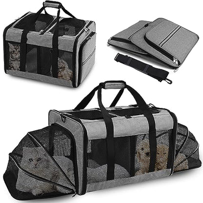 Portable 2-in-1 Pet Carrier,Double Compartment Cat & Dog Carrier for 2 Cats,Expandable Medium Dogs Large Cat Carrier with Sturdy Base,Breathable,Good for Traveling Walking Camping（Grey） - color: Grey
