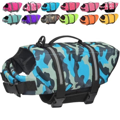 Doglay Dog Life Jacket with Rescue Handle, Dog Life Vest for Swimming Boating, Adjustable Reflective Puppy Swim Vest with Superior Buoyancy for Small Medium Large Dogs - color: Blue Camo, size: XX-Small