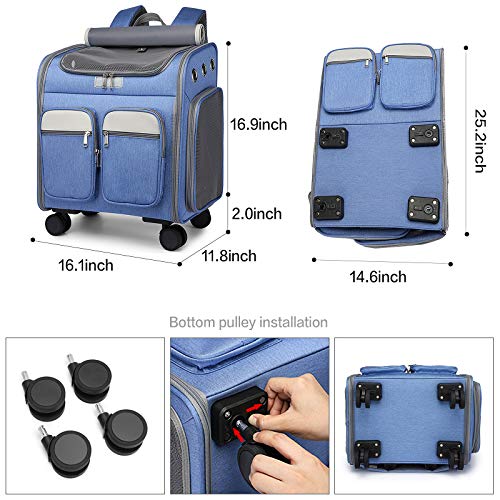 Wheeled Pet Carrier Backpack Pet Stroller, Travel Carrier, Car Seat for Small Dogs Cats Puppies, Comfort Cat Backpack Removable Rolling Wheels – Mesh Ventilation Windows (Large Blue) - color: Large Blue