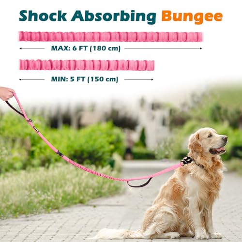 PetBonus Heavy Duty Tactical Dog Leash, 5 FT Bungee Shock Absorption Leash with 2 Padded Handles, Quick Release Metal Clip, Car Seatbelt, No Pull Training Lead for Large Medium Dogs（Pink） - color: Pink