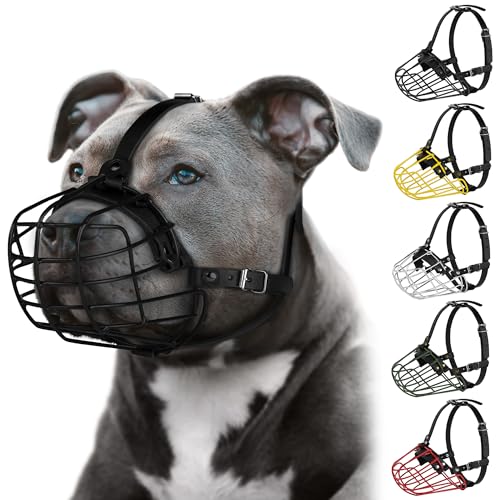 Pitbull Dog Muzzle Metal Mask Amstaff Secure Wire Basket Adjustable Durable Leather Straps for Large Dogs (Black) - color: Black