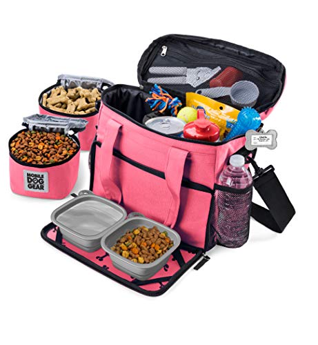 Mobile Dog Gear, Week Away Dog Travel Bag for Small Dogs, Includes Lined Food Carriers and 2 Collapsible Dog Bowl, Pink - color: Pink, size: Small