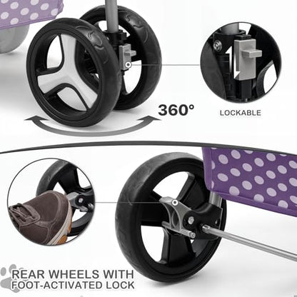 MoNiBloom 3 Wheels Pet Dog Cat Stroller for Small Medium Dogs Cats, Foldable Jogger Stroller w/Storage Basket and Cup Holder, Purple Polka Dots - color: Purple Polka Dots