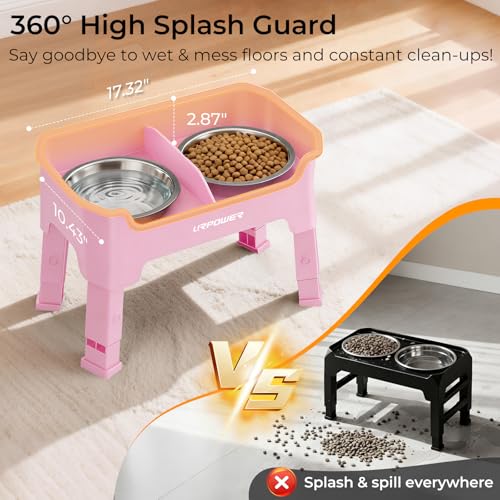 URPOWER Mess Proof Elevated Dog Bowls 4 Height Adjustable Raised Bowl Stand with 2 Stainless Steel Dog Bowls Non-Slip Food and Water Bowl Set for Small, Medium, Large Dogs, Pink - color: Pink, size: Medium