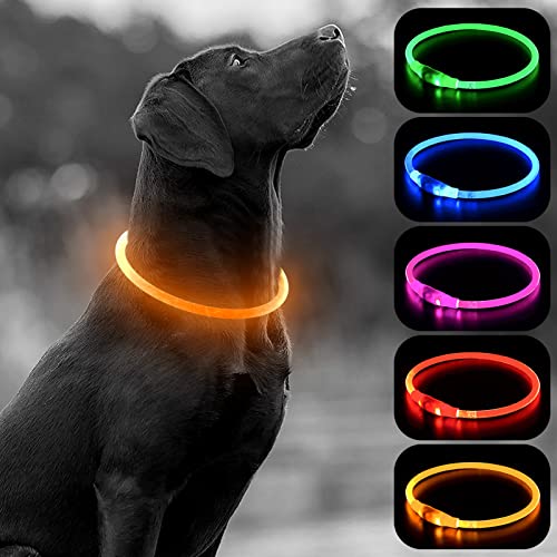 HIGO Light Up Dog Collar USB Rechargeable LED Dog Collar Glow in The Dark, TPU Flash Dog Necklace Light Make Your Dogs Be Visible& Safe (Orange) - color: Orange