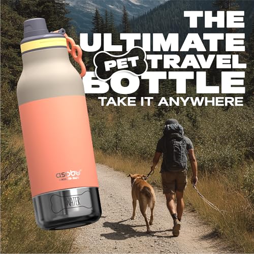 asobu Buddy Bottle a 스테인리스 스틸 단열 물병, 탈착식 개 물병 및 개 사료 및 간식 보관 그릇 포함 (파스텔 피치, 963.9g(34온스) - color: 파스텔 피치