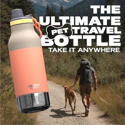 asobu Buddy Bottle a 스테인리스 스틸 단열 물병, 탈착식 개 물병 및 개 사료 및 간식 보관 그릇 포함 (파스텔 피치, 963.9g(34온스) - color: 파스텔 피치
